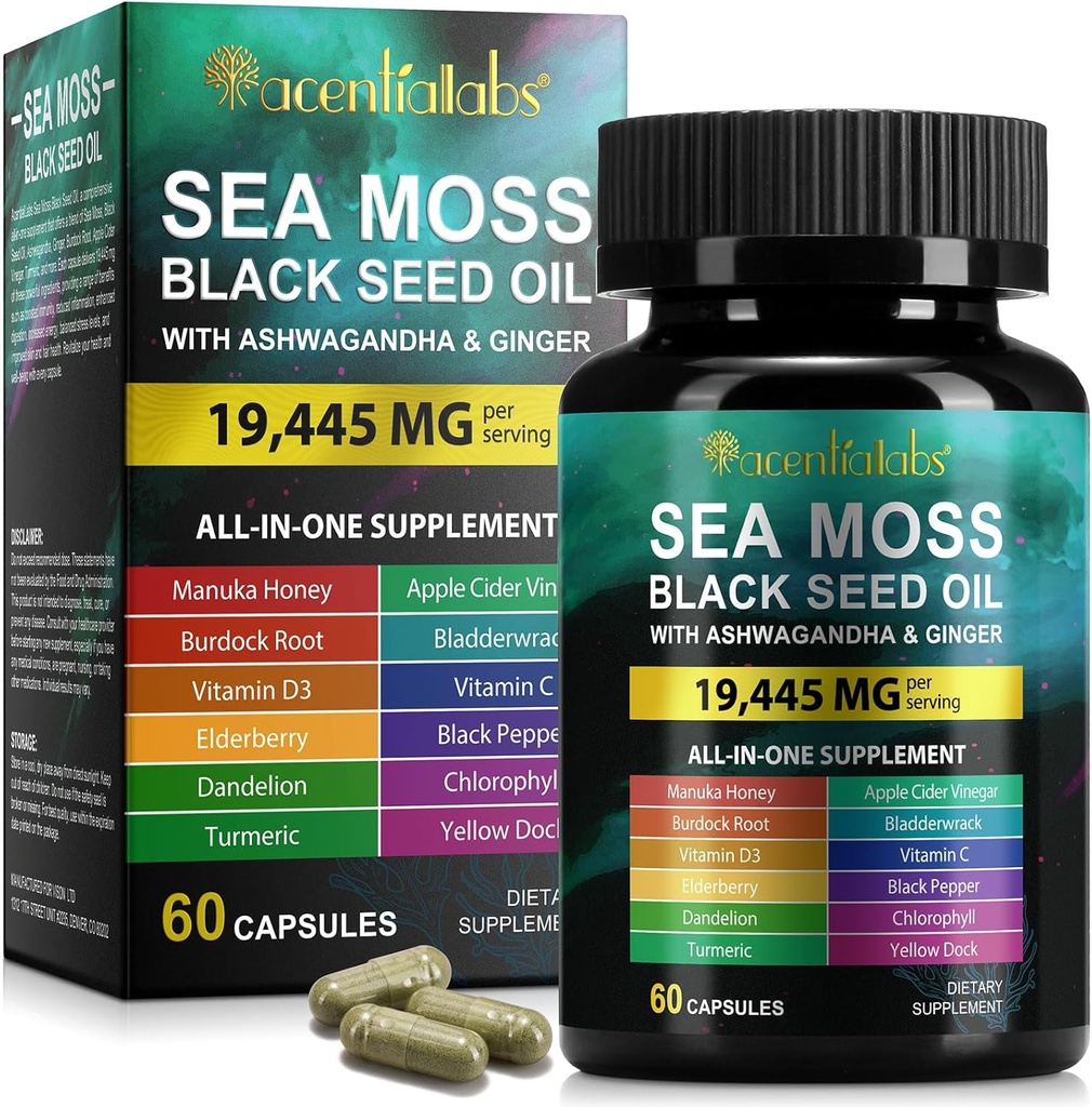 Huile de graines noires de mousse de mer, huile de graines noires de mousse de mer Capsules de gingembre Ashwagandha avec vitamines Bladderwrack, racine de dard et plus, 60 capsules