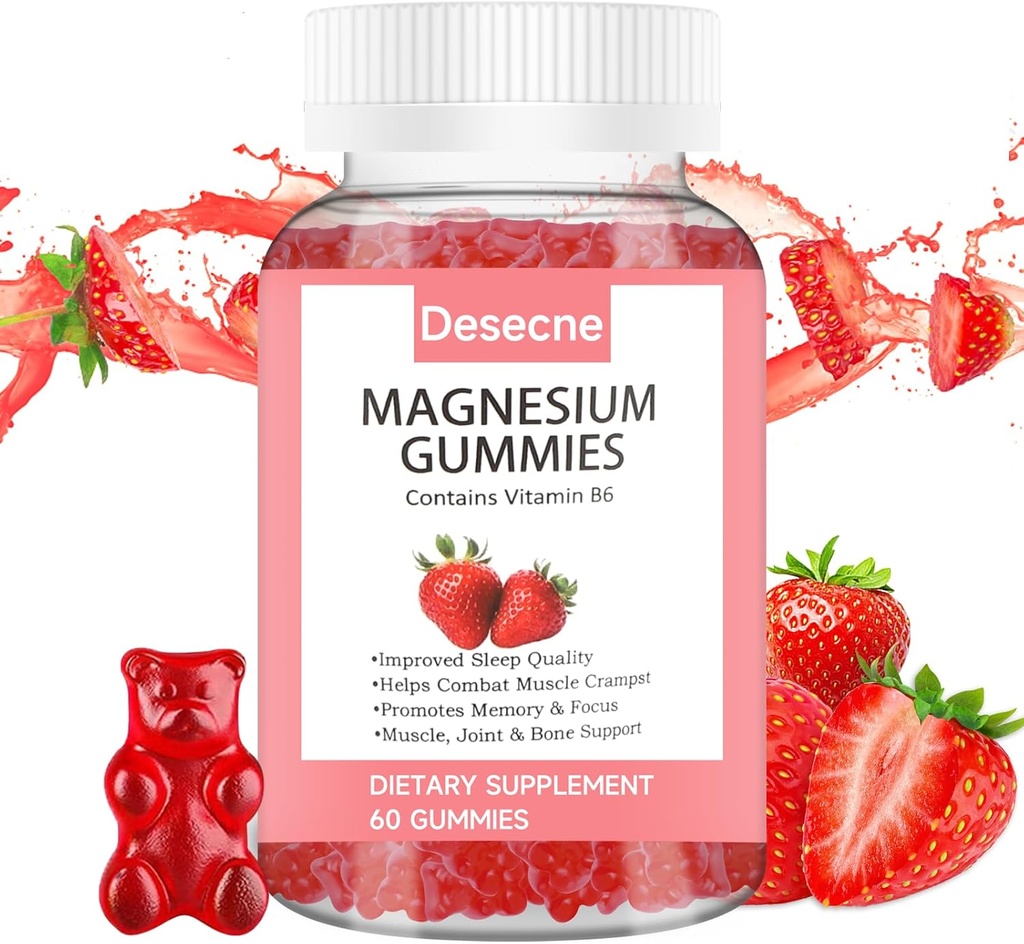 Magnésium Glycinat Gommies pour adultes Enfants avec vitamine B6, Fraise Flavor Calme Supplément Magnésium, Citrate de magnésium pour le sommeil, 60 Gommies par bouteille