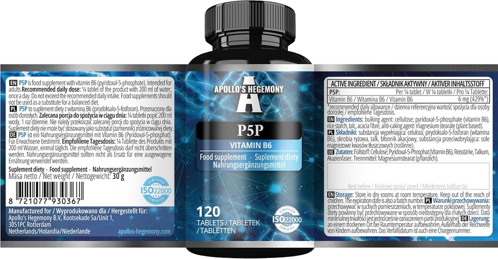 Pyridoxal-5-Phosphate (P-5-P) 50 mg par comprimé - 120 comprimés véganes - Approvisionnement pour 480 portions - Soutienne les fonctions nerveuses et psychologiques - Supplément alimentaire Vitamine B6 - par l'hégémonie d'Apollon