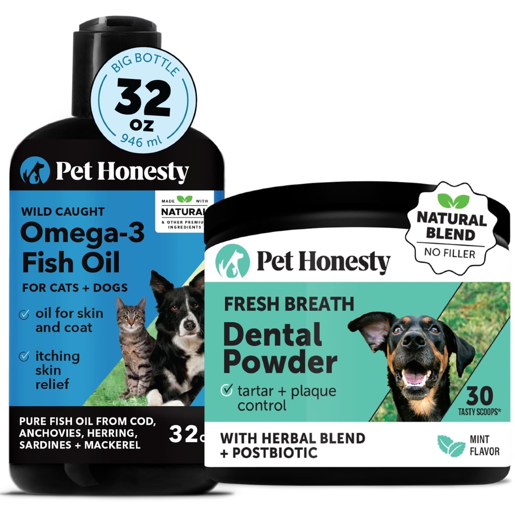 Huile de poisson oméga-3 pour chiens + poudre dentaire pour le nettoyage des dents et l'enlèvement des plaques, favorise la santé de la peau, du manteau et du soutien immunitaire