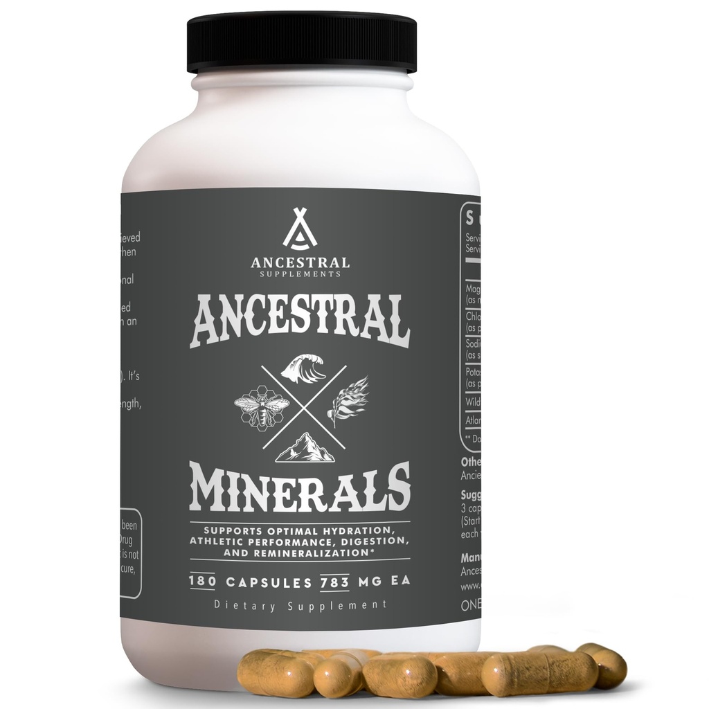 Suppléments ancestraux Minéraux et électrolytes avec magnésium, potassium, sodium, soutient l'hydratation optimale, la santé immunitaire, la performance athlétique, la digestion et la reminéralisation, 180 capsules