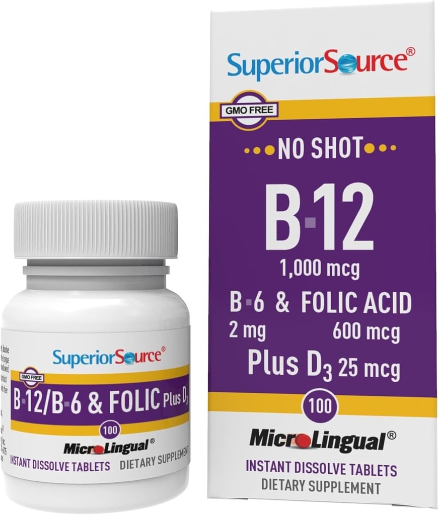 Source supérieure Pas de dose de vitamine B-12 Cyanocobalamine 1000 mcg, B-6, acide folique et vitamine D-3 1000 UI - soutient l'énergie, le cerveau, le coeur et la santé des os - 100 comprimés de dissolution sublinguales