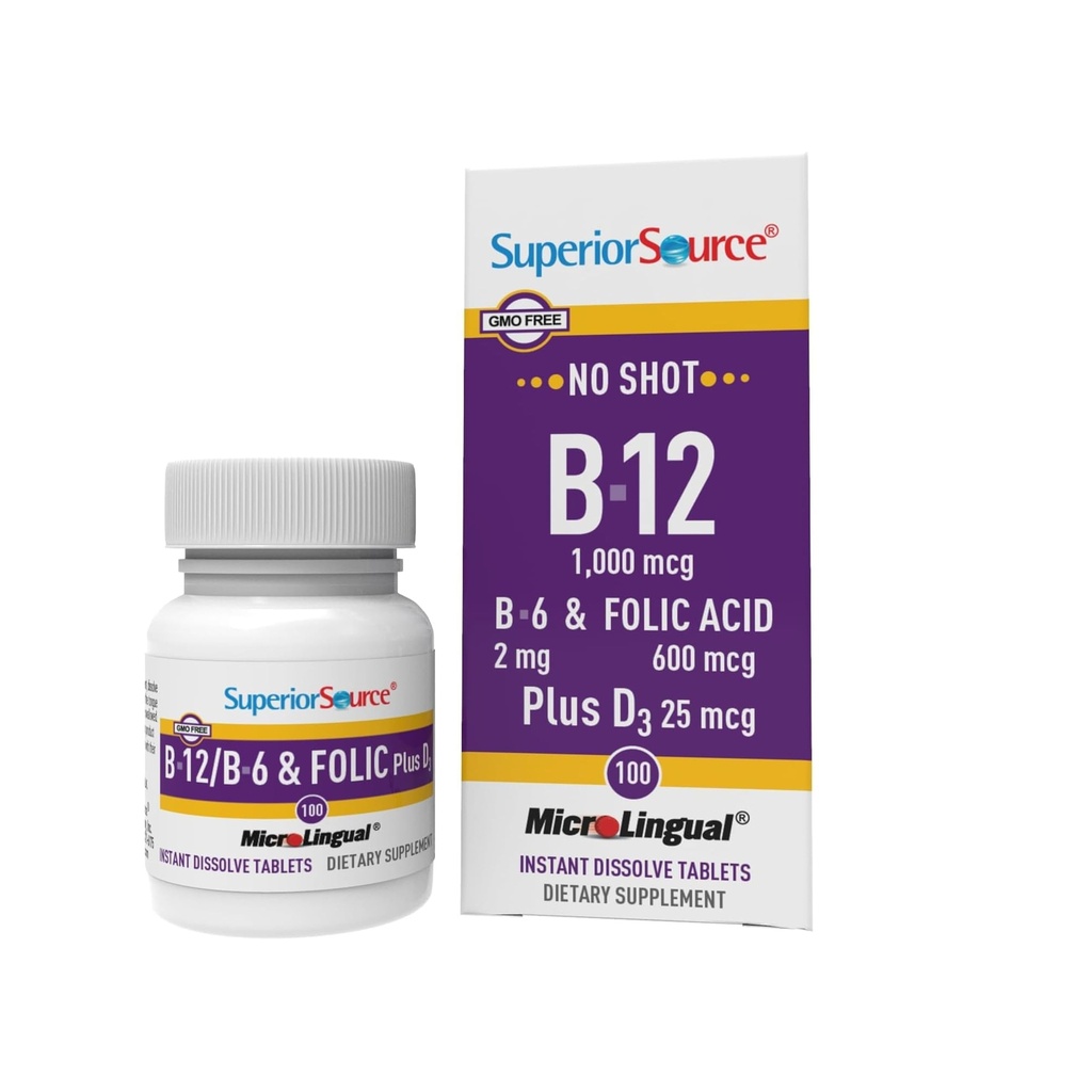 Superior Source No Shot Vitamin B-12 Cyanocobalamin 1000 mcg, B-6, Folic Acid & Vitamin D-3 1000 IU - Supports Energy, Brain, Heart, & Bone Health - 100 Sublingual Dissolving Tablets