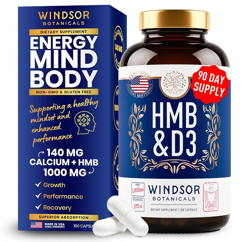 Supplément HMB et vitamine D3 - B-Hydroxy B-méthylbutyrate 1000 MG Suppléments HMB pour hommes et femmes plus calcium, vitamine D 3 - Croissance musculaire, force, performance, récupération - 90 jours, 180 capsules.