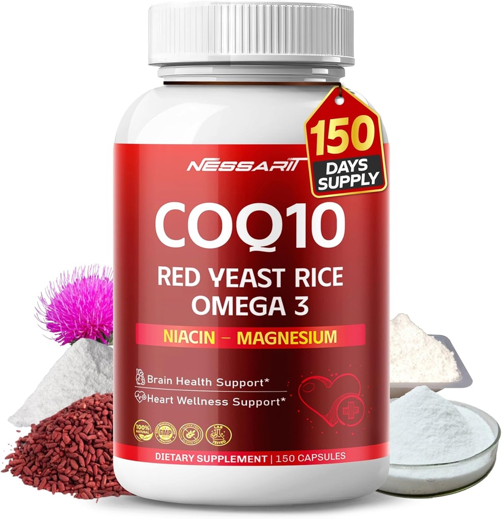 COQ10 + Red Yeast Rice Supplement - 10-in-1 Natural Blend with Omega 3 Vitamin B3, K2, D3, Zinc Milk Thistle Black Pepper - 150 Count - Made & Tested in The USA