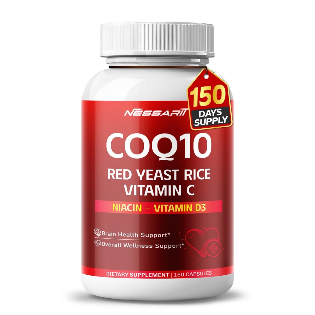 COQ10 + supplément de riz de levure rouge - 10-en-1 Mélange naturel avec Oméga 3 Vitamine B3, K2, D3, Thistle de lait de zinc Poivre noir - 150 Compte - Fabriqué et testé aux États-Unis