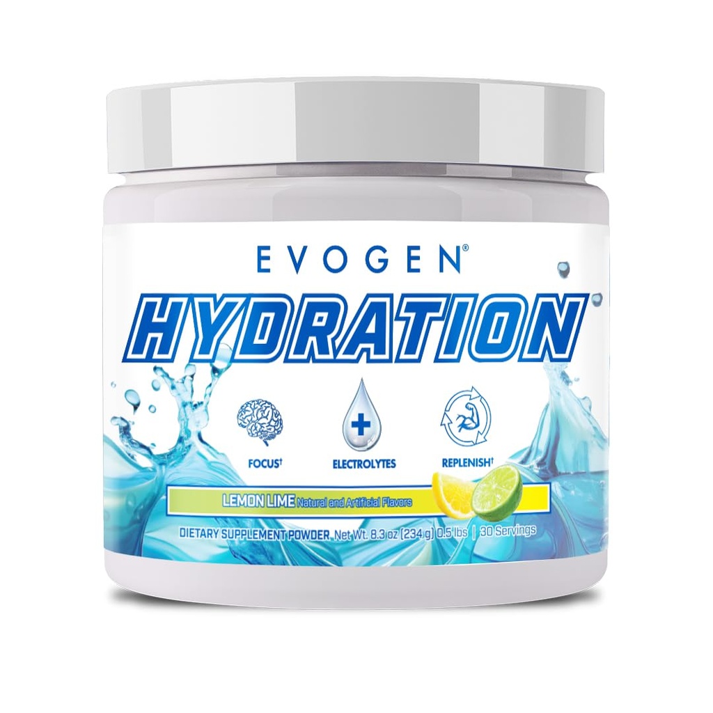 Hydratation Evogen - Poudre d'électrolytes à spectre complet (sans sucre) Supplément en poudre d'électrolyte pour l'hydratation, l'énergie et la récupération (eau de coco, vitamines B, potassium) Lime citronné (30 portions)