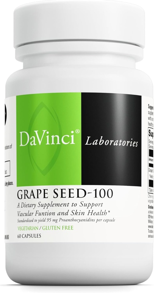 DAVINCI Labs Grape Seed-100 - Supplément alimentaire pour soutenir le système immunitaire, la fonction vasculaire et la peau saine* - avec 100 mg Extrait de graines de raisin par portion - Sans gluten - 60 capsules végétariennes
