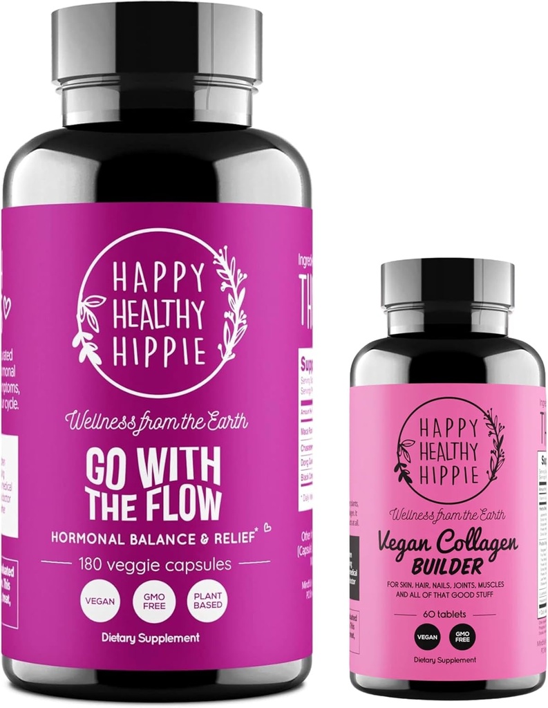 Happy Healthy Hippie Vegan Collagen Builder & Aller avec l'équilibre hormonal de flux pour les femmes 180 Ct