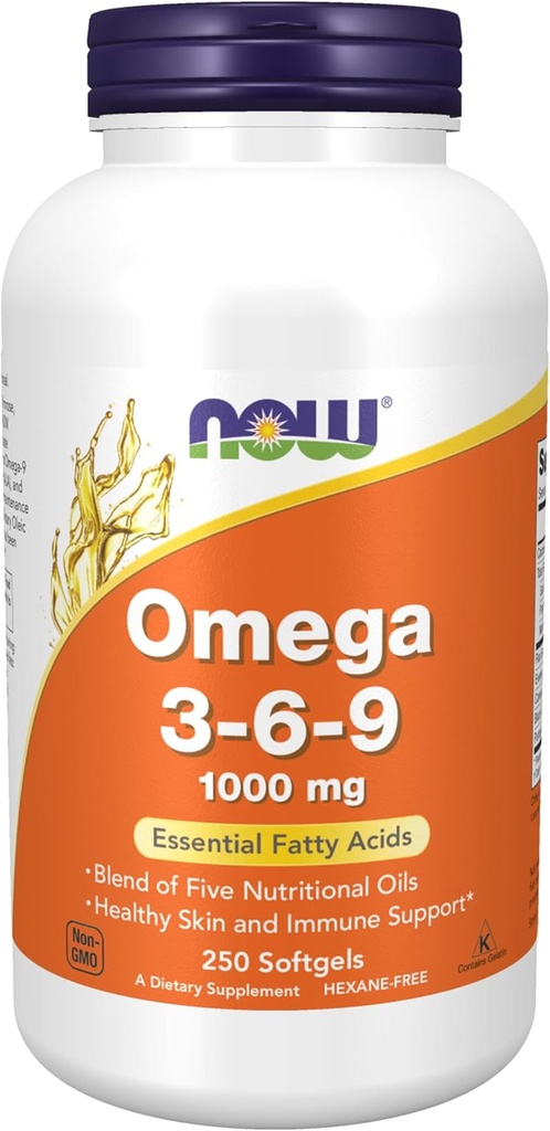 MAINTENANT compléments alimentaires, Omega 3-6-9 1000 mg avec un mélange de graines de lin, de primrose du soir, de canola, de cassis noir et d'huiles de graines de citrouille, 250 softgels
