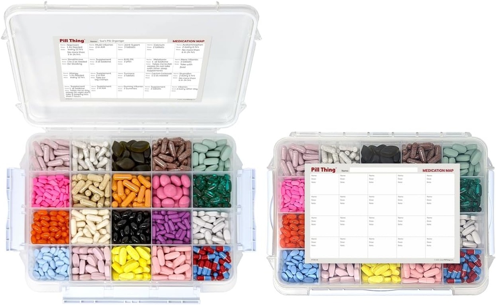 20 Compartment Large Pill Case with Airtight Seal - Silicone Gasket Waterproof Med Box with Medication Map (20 Compartment, 2 Pack)