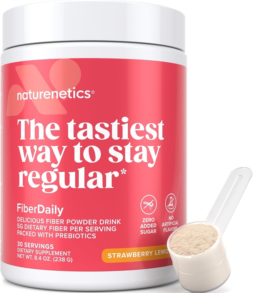 FiberDaily Delicious Fiber Powder - Bio Psyllium Husk, Agave Inulin & Sunfiber® Guar Gum Strawberry Limonade boisson, sans sucre, fibre soluble, supplément de fibre prébiotique, végétalien, 1 mois d'approvisionnement