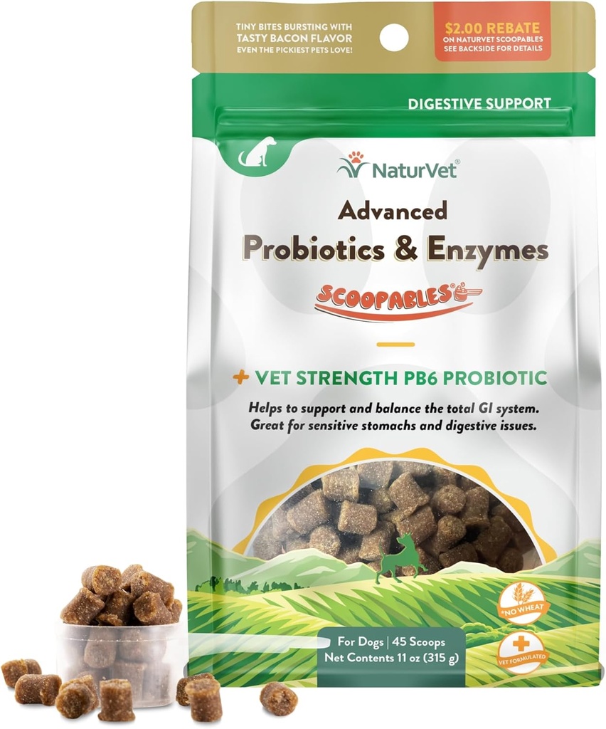 NaturVet Scoopables Probiotiques avancés pour chiens - Probiotiques pour chiens à croquer et enzymes digestives - Supportez un gout sain pour votre animal - Hickory fumé Bacon Flavor