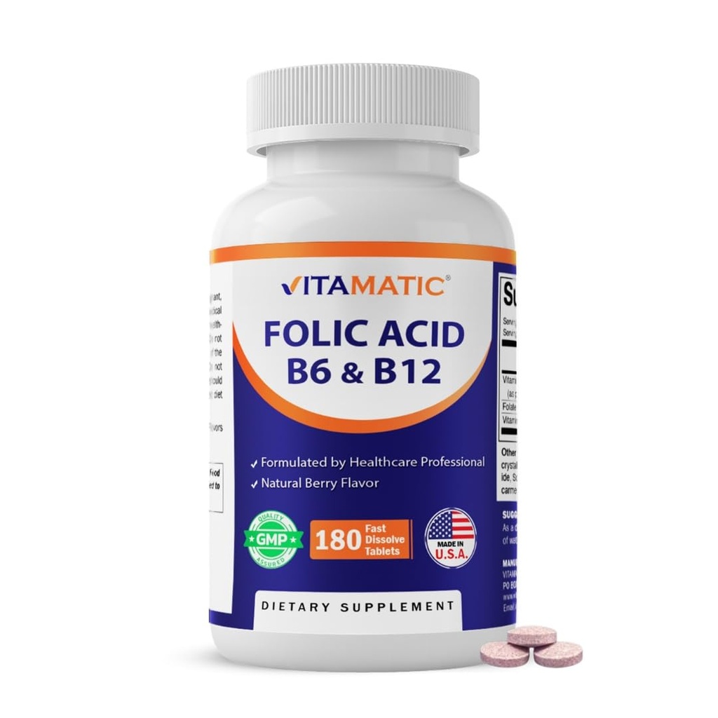 Acide folique vitamatique, vitamine B12 & B6 – 180 comprimés à dissolution rapide Santé cardiaque, production d'énergie et soutien des globules rouges