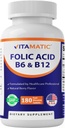 Acide folique vitamatique, vitamine B12 & B6 – 180 comprimés à dissolution rapide Santé cardiaque, production d'énergie et soutien des globules rouges