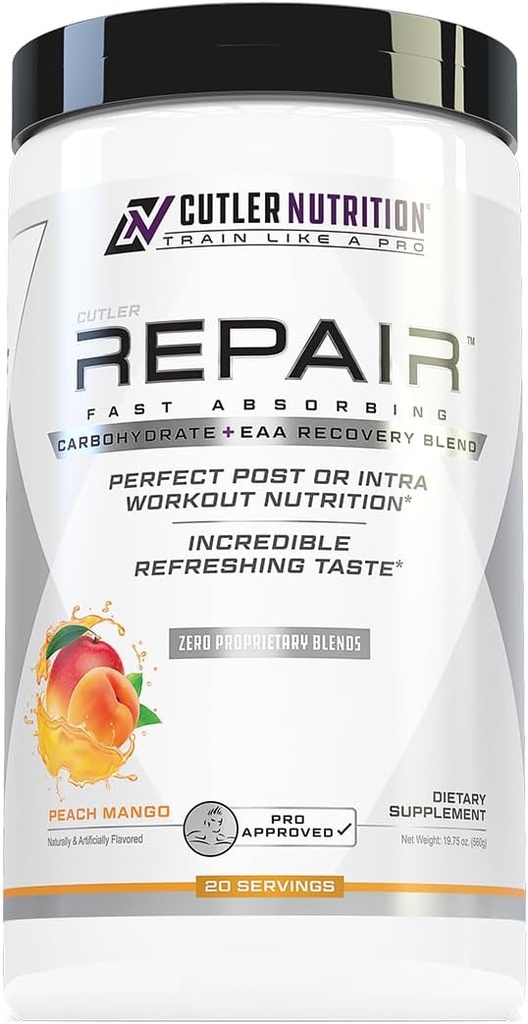 Reparer après l'entraînement Recovery Drink: Absorber rapidement les glucides (Waxy Maize + Cluster Dextrin) et BCAA/EAA pour la récupération musculaire avancée, Peach Mango, 20 portions