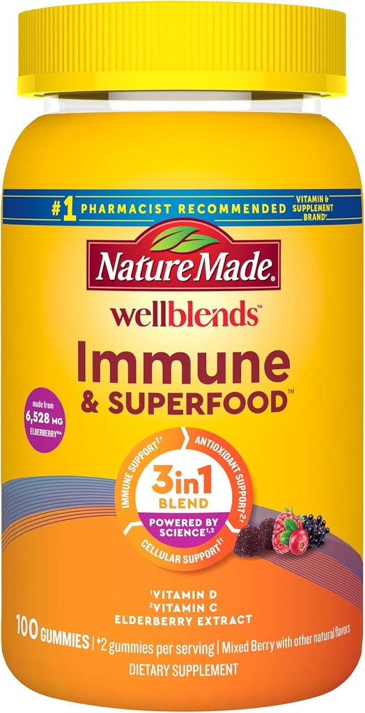 Nature faite Wellblends Immune & Superfood, Gommies de baies aînées avec extrait de cerise d'acérola, plus vitamine C + vitamine D, supplément de soutien immunitaire, 100 vitamines gommy