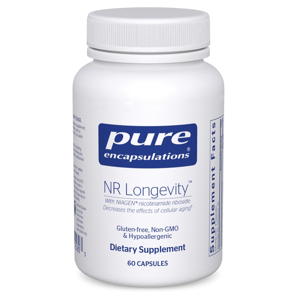 Encapsulations pures NR Longévité - Soutienne le vieillissement en santé. Rétablissement de la fonction NAD+ et Mitochondriale* - avec NIAGEN - Sans gluten, sans OGM, hypoallergénique - 60 capsules