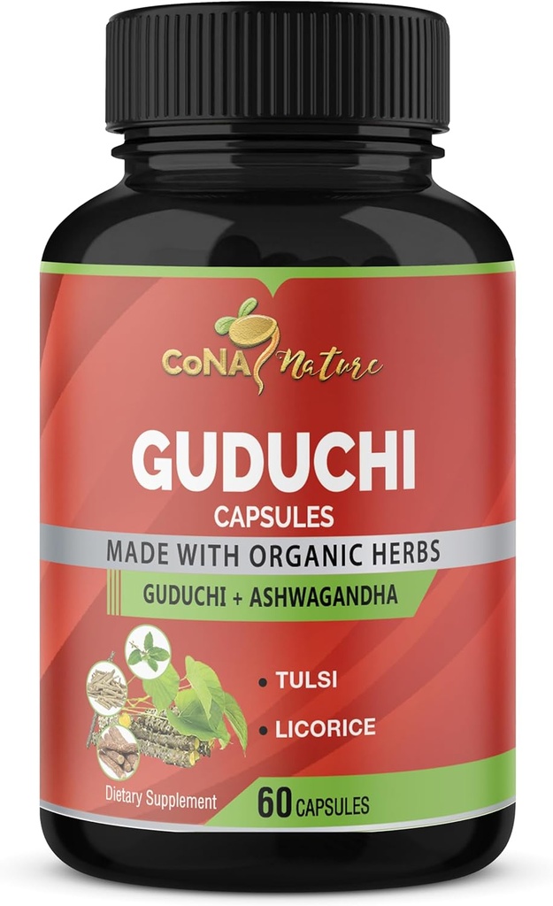Capsules d'extraits de Giloy Guduchi bio et Ashwagandha, réglisse, Saint-Basile