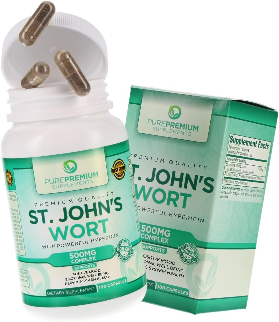 Pure Premium St. Johns Wort Capsules 500mg - Supplément de soutien de l'humeur - Suppléments de stress normal à base de plantes et naturels - St John Wort Soutien de l'humeur positive pour les hommes et les femmes - 3 mois d'approvisionnement - 100 capsules