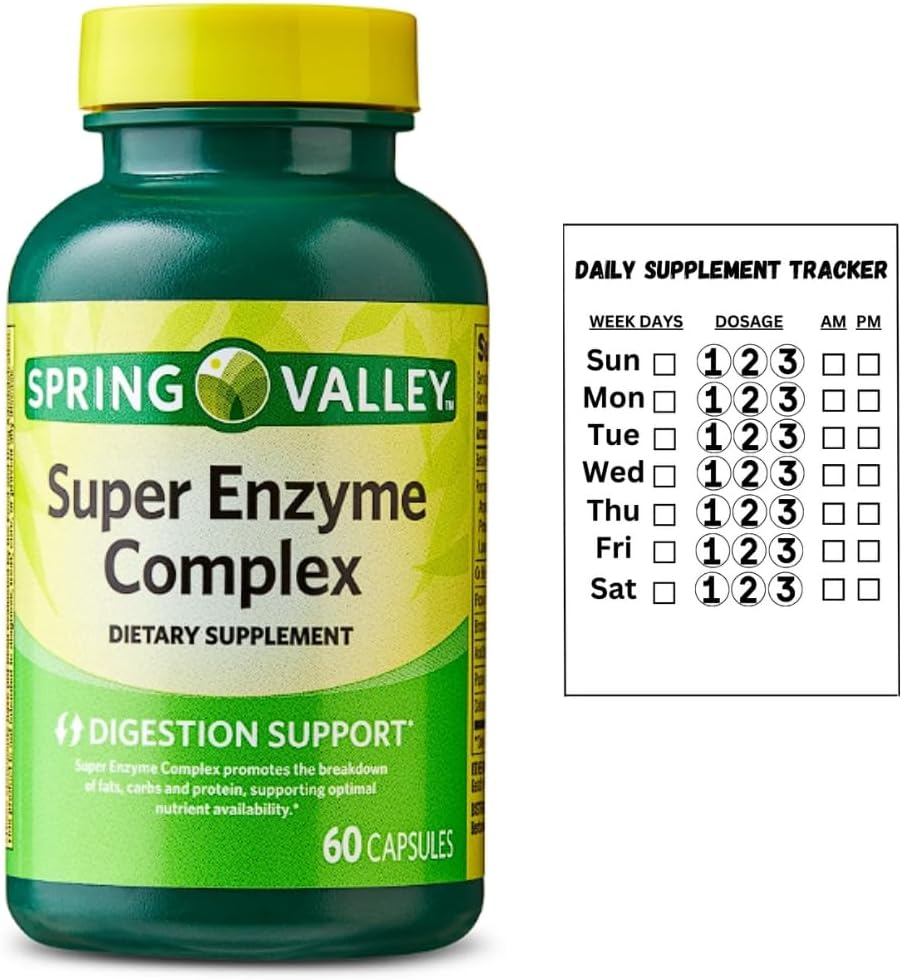 Supplément diététique complexe Super Enzyme de Spring Valley pour le soutien digestif, 60 capsules + Sticker de supplément quotidien
