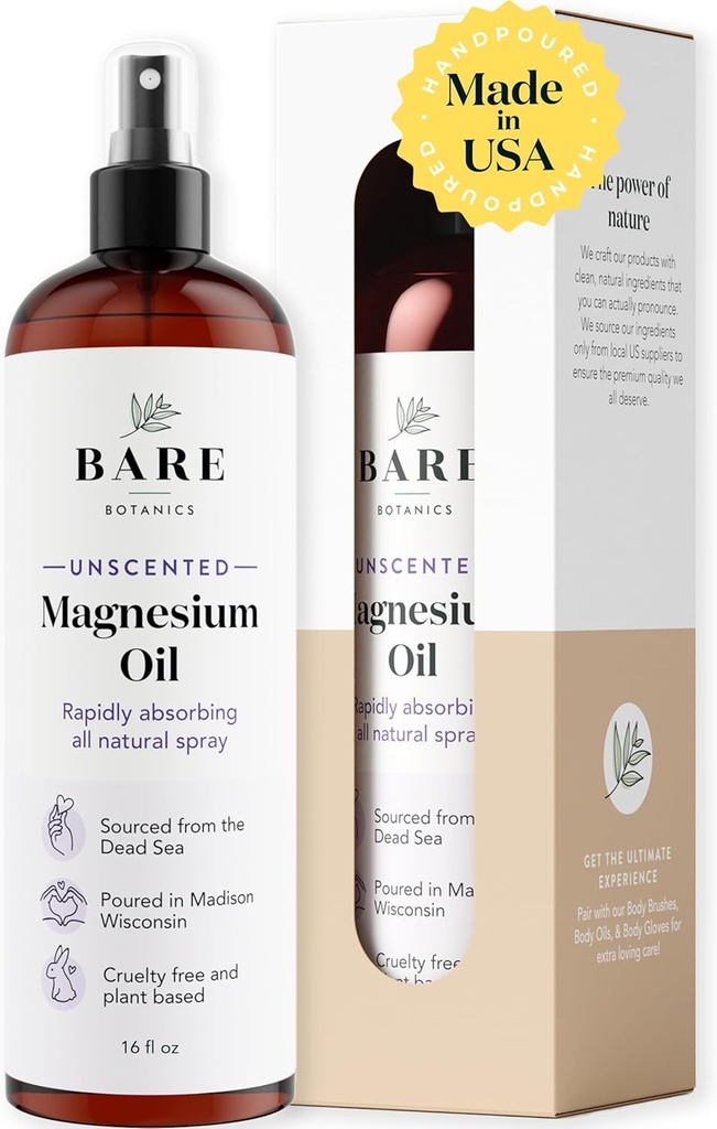 Bare Botanics Unscented 16oz Pure Magnesium Oil Spray from The Dead Sea | Rapidly Absorbing | Handpoured in Madison, WI | Supports Sleep & Soothes Sore Muscles