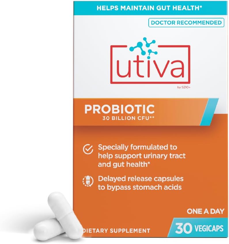 Szio+ Utiva Probiotique – Supplément de santé urinaire et Gut – 12 milliards CFU Lactobacillus & Bifidobacterium Probiotique pour les hommes et les femmes, 30 capsules Vegi à libération différée