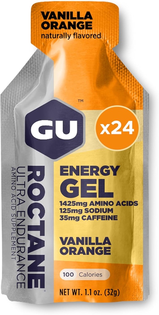 GU Energy Roctane Ultra Endurance Energy Gel, végétalien, sans gluten, sans casher et sans laiterie nutrition sportive pour la course, le vélo, la randonnée ou le ski, Vanilla Orange (24 paquets)