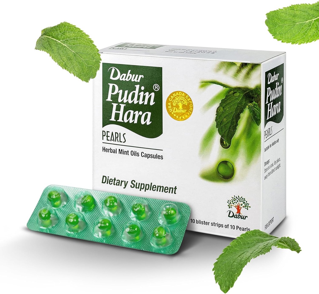 Dabur Pudin Hara Pearls - Suppléments de soins digestifs quotidiens pour les hommes et les femmes, aide à éliminer les symptômes de Bloating, acidité, flatulence et indigestion pour la santé digestive et gustative, 10 comtes (paquet de 1)
