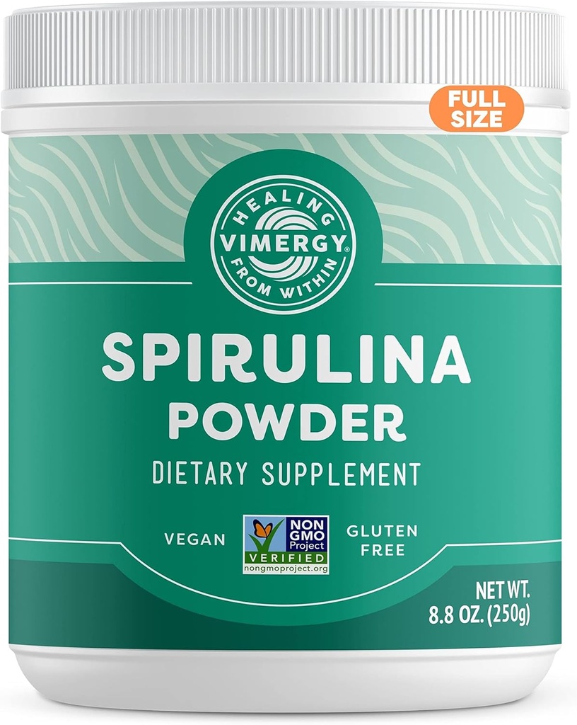 Poudre de Spiruline Vimergy – Protéines végétales concentrées soutient la santé immunitaire et la fonction cardiovasculaire – Vegan, Kosher, sans gluten – 250g