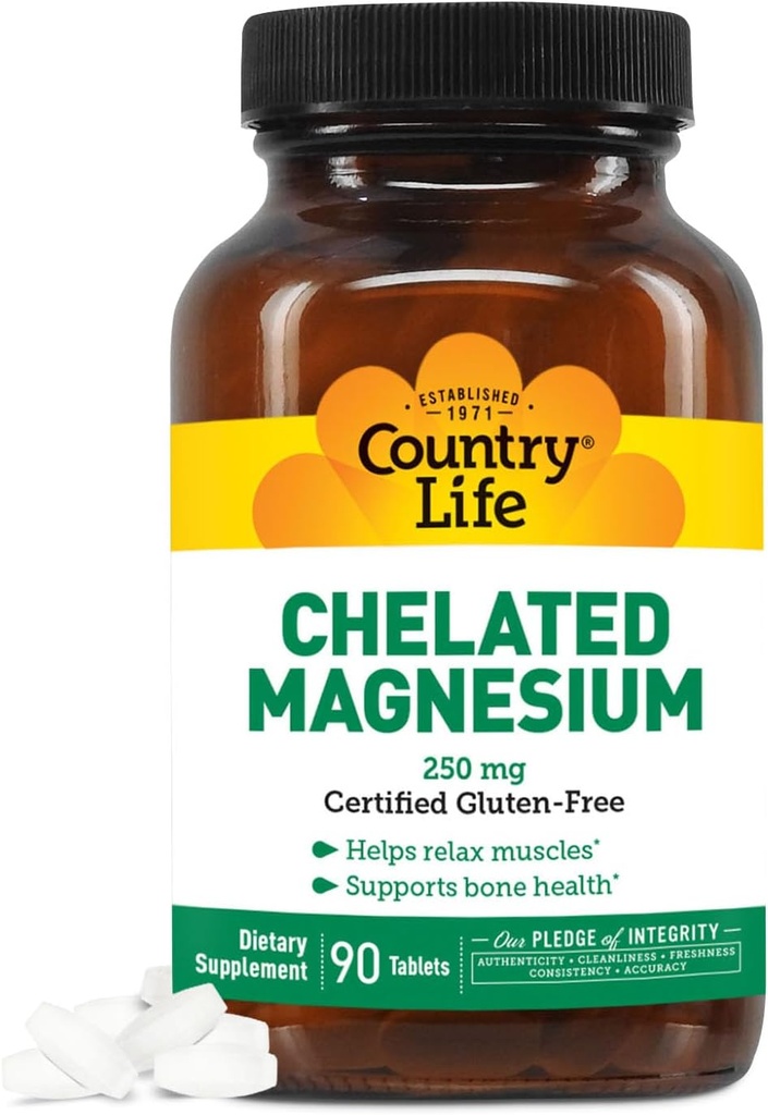 Country Life, Chelate Magnésium 250mg, soutient la santé osseuse et immunitaire, Supplément quotidien, 90 ct