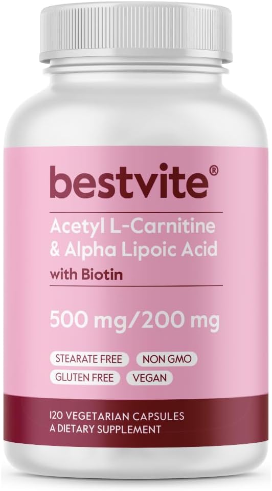 BESTVITE acétyl L-Carnitine 500mg et acide alpha lipoïque 200mg par gélule avec biotine (120 capsules végétariennes) - Pas de stéarates - Vegan - Non OGM - Sans gluten