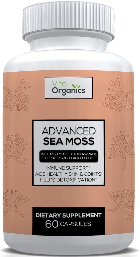 Mousse de mer avancée, formule avancée de mousse de mer, supplément de mousse de mer premium, pilules de mousse de mer, supplément de mousse de mer, Capsules de mousse de mer irlandaise & Organic Bladderwrack & Burdock, & Extrait de poivre noir, Seamoss