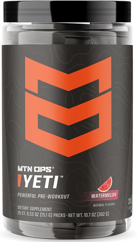 MTN OPS Yeti Trail Packs Pre-Workout Powder Energy Drink avec de la créatine, 200 mg de caféine et BCAA avec Beta Alanine, 20 portions simples, pastèque