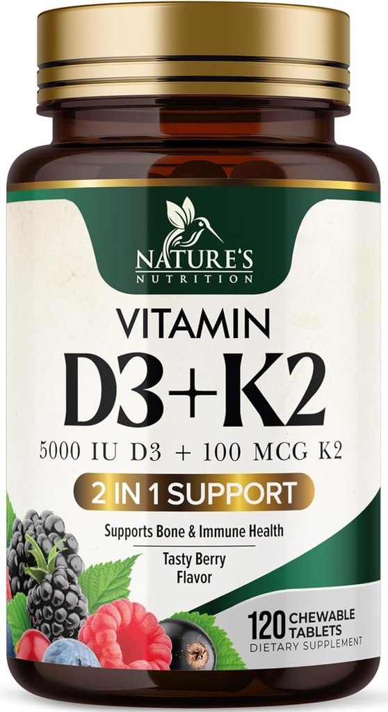 Vitamine D3 K2 Supplément: 5000 UI D3 + K2 100 mcg: MK-7 K2 avec vitamine D.Supporte la santé immunitaire, cardiaque, des dents et des os - Nature's Easy to Chew, VIT D3 K2, Non-OGM, Saveur de baies savoureux - 120 comprimés