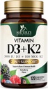 Vitamin D3 K2 Supplement | 5000 IU D3 + K2 100 mcg | MK-7 K2 with Vitamin D | Supports Immune, Heart, Teeth & Bone Health - Nature's Easy to Chew, VIT D3 K2, Non-GMO, Tasty Berry Flavor - 120 Tablets