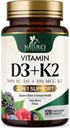 Vitamine D3 K2 Supplément: 5000 UI D3 + K2 100 mcg: MK-7 K2 avec vitamine D.Supporte la santé immunitaire, cardiaque, des dents et des os - Nature's Easy to Chew, VIT D3 K2, Non-OGM, Saveur de baies savoureux - 120 comprimés