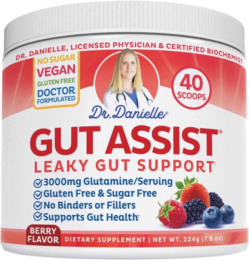 Doctor Danielle Gut Assist - Poudre de supplément de réparation de Gut - Glutamine, Arabinogalactan, Racine de réglisse - Supporte IBS, Heartburn, Bloating, Gas, Constipation, SIBO de, Berry Flavor