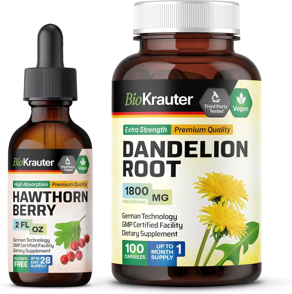 BIO KRAUTER Hawthorn Teinture 2 Fl. Oz. & Dandelion 100 Capsules