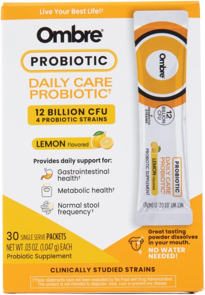 Poudre probiotique de soins quotidiens Ombre - Prébiotiques et probiotiques pour les femmes, les hommes et les enfants - La poudre à dissolution rapide favorise la santé digestive et le bien-être général - 12 milliards UFC - Lemon Flavor, 30 paquets