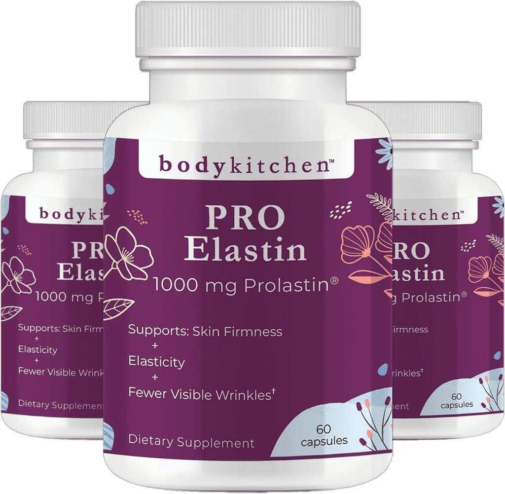 Supplément d'élastine Pro-Elastin 1000 mg pour la cuisine corporelle, réduire les signes de vieillissement, améliorer la santé de la peau, la fermeté et l'élasticité, moins de rides, bouchons de légumes (paquet de 3)