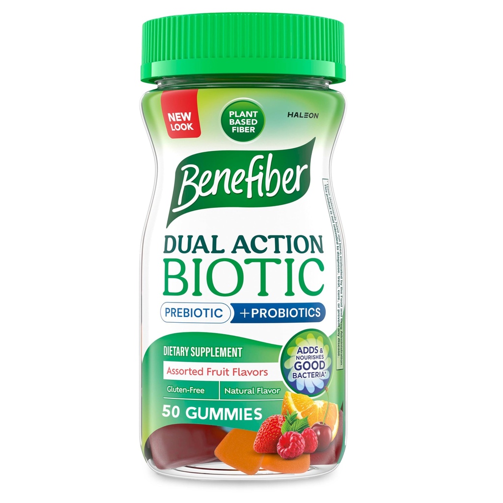 Benefiber Prebiotic GLP-1 Friendly Fiber Supplement Gummies with Probiotics for Digestive Health, Assorted Fruit Flavors - 50 Count