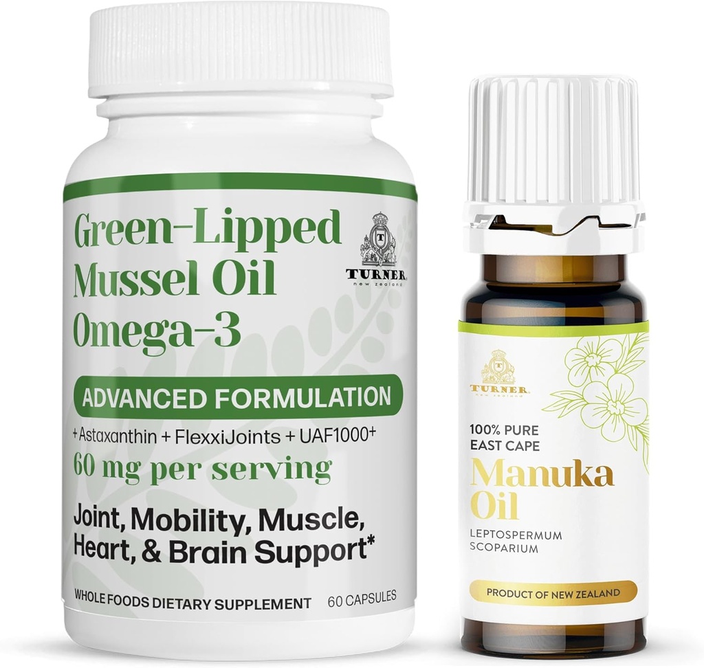 TURNER New Zealand Omega-3 Green Lipped Mussel Oil, 53x Potentialité supérieure pour le confort et la mobilité des articulations supérieures, sans arrière-goût de poisson, 1 bouteille, 60 Softgels Plus 1 bouteille d'huile de Manuka