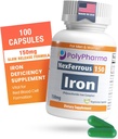 Polysaccharide Iron Complex 150mg pour l'anémie Support - Prévention et traitement du déficit en fer, soutient la formation de globules rouges, doux sur l'estomac, haute puissance, fabrication américaine, 100 capsules