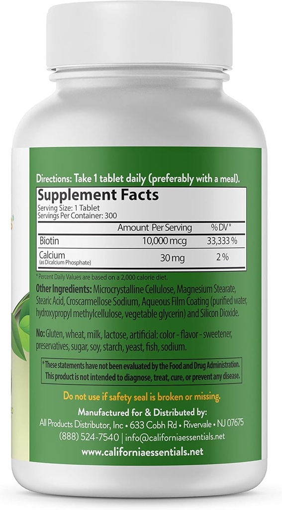 California Essentials Biotin 10000mcg (California Essentials Biotin 10000mcg) La vitamine B7 favorise la croissance saine de la peau, des cheveux et des ongles.