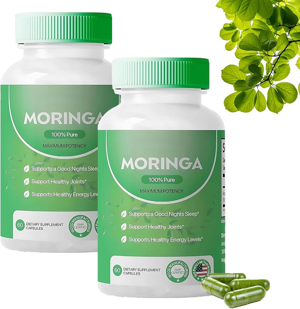 Moringa Capsules,Pure Moringa Powder Capsules - 800mg of Nutrient-Rich Moringa- Promotes Energy, Gut Well-Being (2PCS)