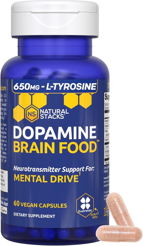 Dopamine Cerveau Alimentation - Supplément L-Tyrosine 650mg - Supplément Dopamine pour Focus & Mental Drive - Soutiens Énergie Mentale - Support Neurotransmetteur avec Vitamines B - 60 Capsules