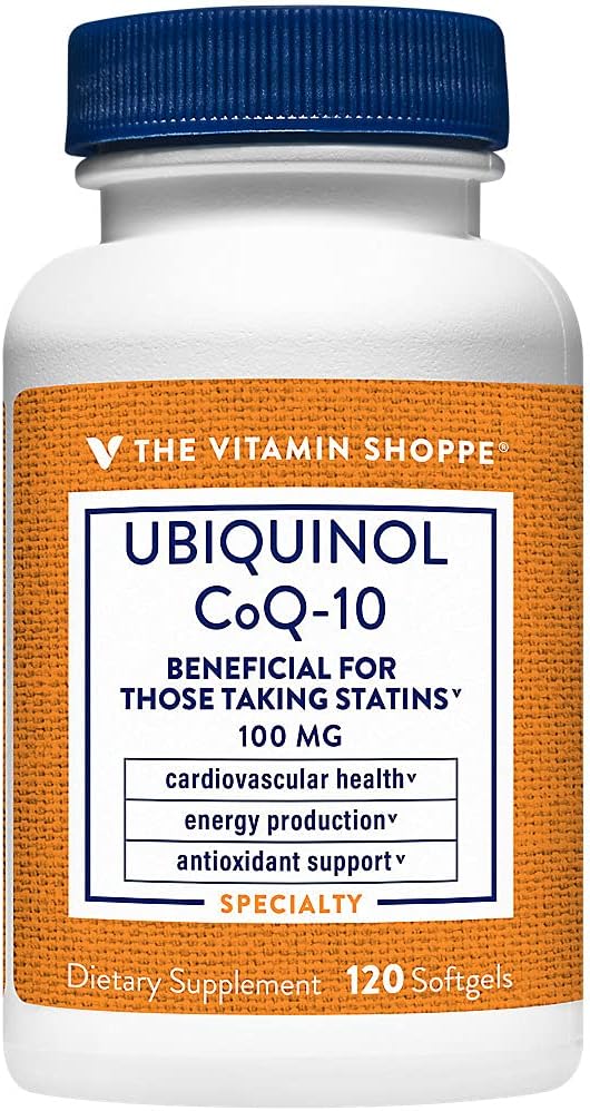 The Vitamine Shoppe Ubiquinol CoQ-10 100mg - utile pour ceux qui prennent des statines – soutient la santé cardiaque et cellulaire et la production d'énergie saine, antioxydant essentiel – une fois par jour (120 Softgels)