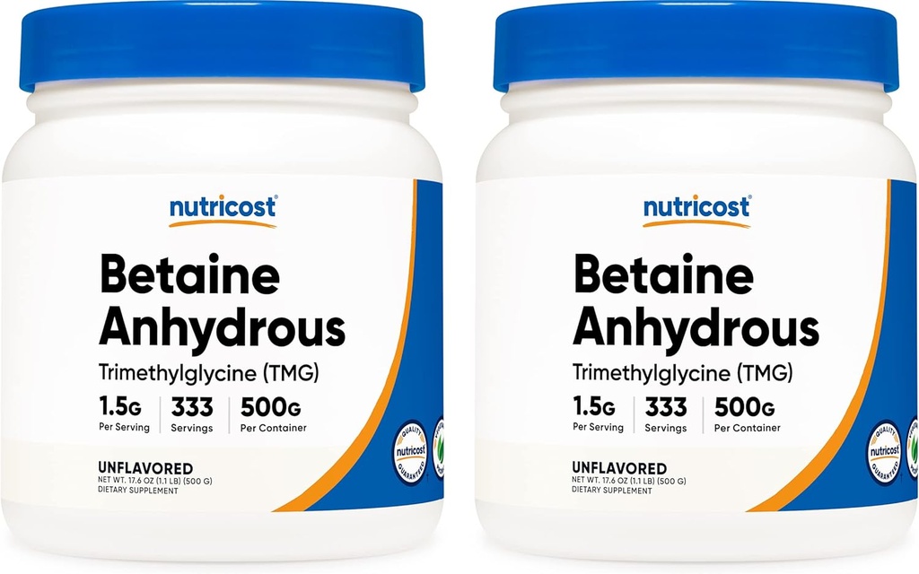 Bétaine de nutricost Triméthylglycine anhydre (TMG) Poudre 500G (2 bouteilles)