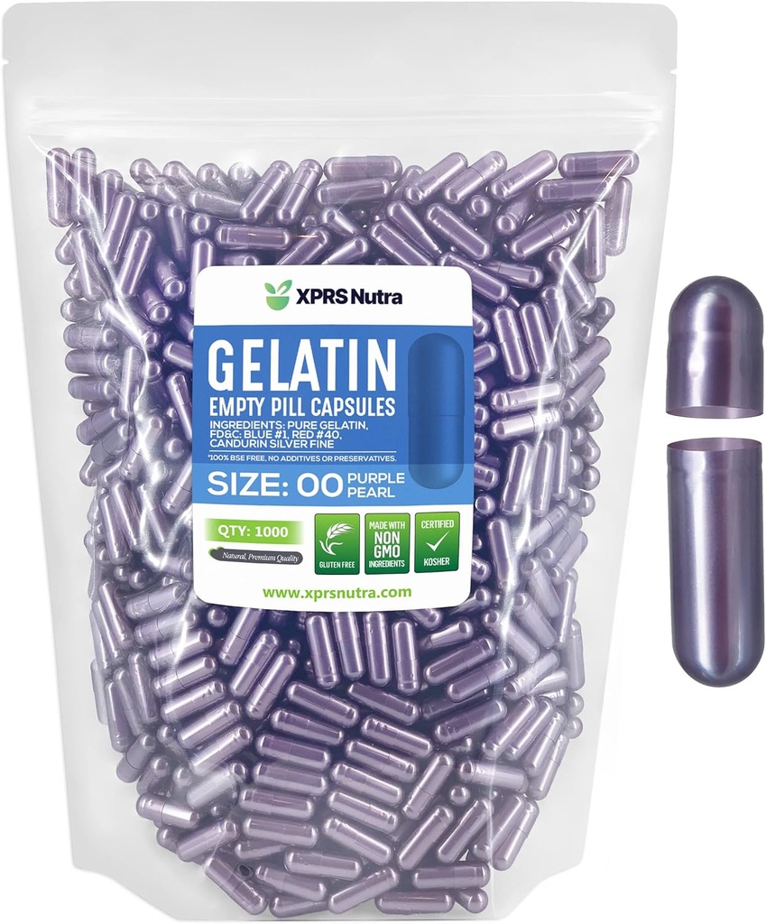 XPRS Nutra Size 00 Capsules vides - 1000 Capsules de gélatine vides de compte - Pills Bricolage Capsule Remplissage - Gel de pilule rempli pour suppléments de bricolage (Purple Pearl)